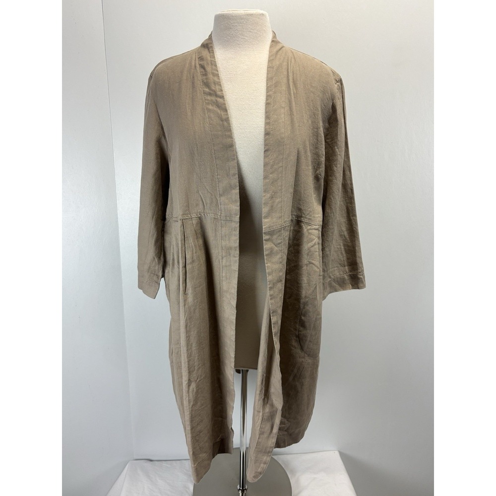 Pure Jill Elements 100% Linen Duster Jacket Sz Large Petite Khaki Lagenlook Open